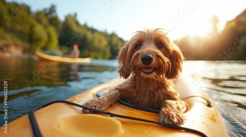 A joyful dog sits in a kayak on a lake, with its tongue out and ears perked, while another kayaker is visible in the background, highlighting adventure and fun.