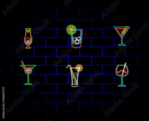 Cocktail Margarita, Blue Hawaiian and Mojito neon sign on brick wall background.