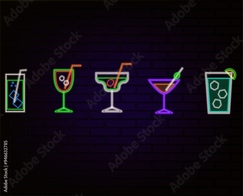Neon colors on a black background Cocktail Party vector illustration. Various cocktail glasses and text Cocktail Party. Invitation vector poster design.