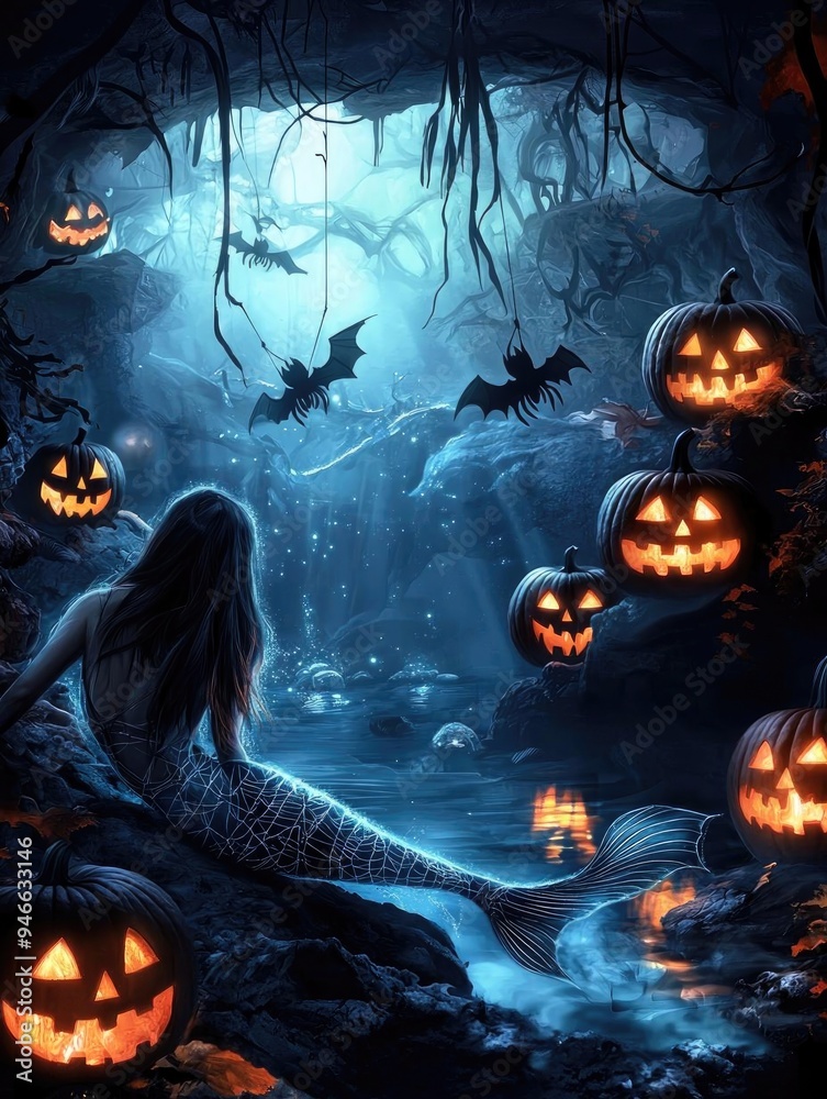 Enchanting scene with a mermaid surrounded by glowing pumpkins and bats in a mystical cave, perfect for Halloween themes. Enchanting scene with a mermaid surrounded by glowing pumpkins and bats in a mystical cave, perfect for Halloween themes.