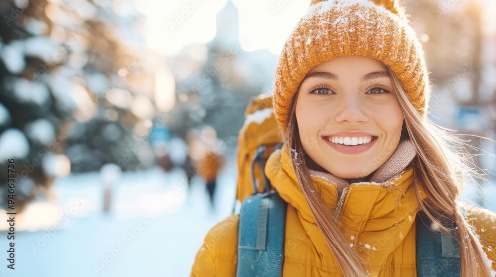 A smiling woman dressed in a yellow jacket and a beanie stands amidst a snowy landscape, capturing the joyful and refreshing atmosphere of a winter adventure. A smiling woman dressed in a yellow jacket and a beanie stands amidst a snowy landscape, capturing the joyful and refreshing atmosphere of a winter adventure.