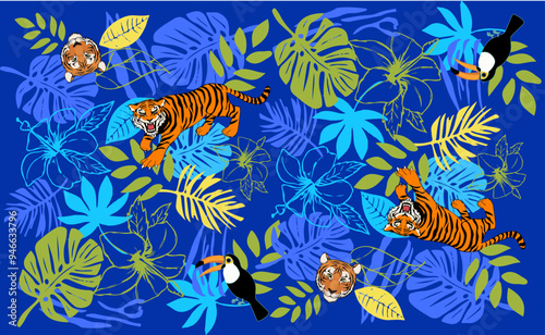 tigres en naturaleza de colores frios patron