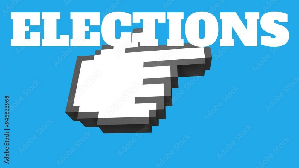 Pixelated hand cursor pointing towards ELECTIONS text animation on blue background Pixelated hand cursor pointing towards ELECTIONS text animation on blue background