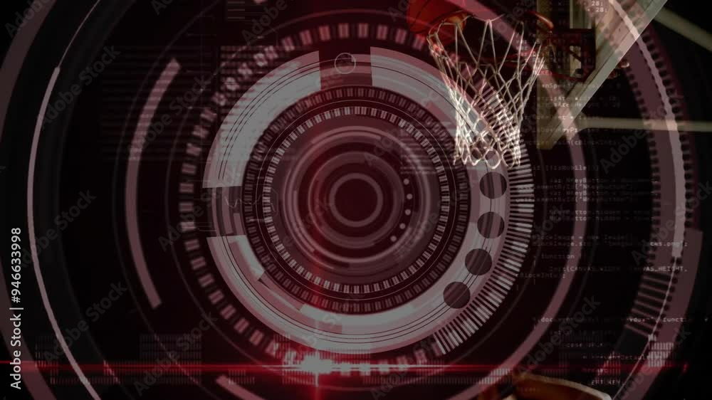 Basketball hoop with futuristic data processing animation over it Basketball hoop with futuristic data processing animation over it