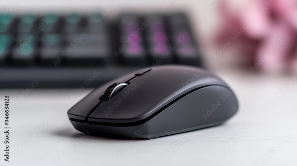 A sleek black computer mouse is placed on a white desk with a keyboard in the background, typifying modern office work, technology use, and the essentials of digital workflows. A sleek black computer mouse is placed on a white desk with a keyboard in the background, typifying modern office work, technology use, and the essentials of digital workflows.
