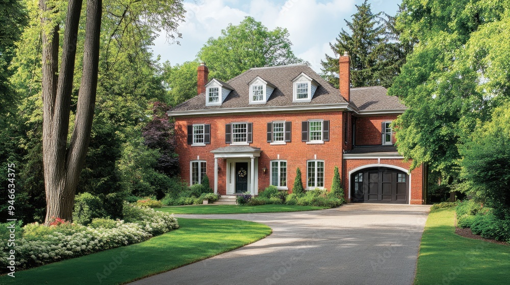 A classic two-story home with a red brick exterior, spacious driveway, and mature trees, situated in a quiet residential area