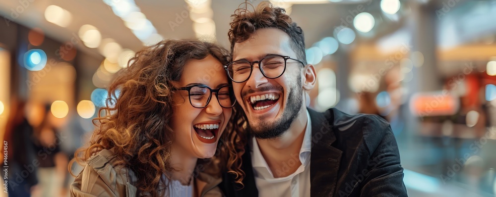 Happy young couple, curly brown hair, man in glasses, laughing while shopping in the mall, stylish attire. Happy young couple, curly brown hair, man in glasses, laughing while shopping in the mall, stylish attire.