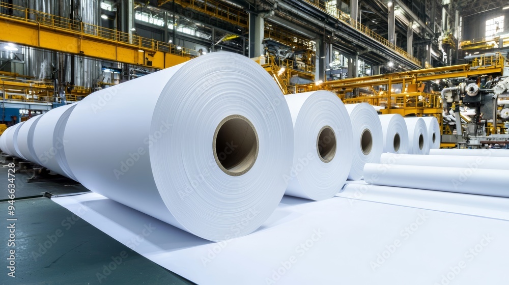 A paper mill with giant rolls of paper being processed through cutting and rolling machines A paper mill with giant rolls of paper being processed through cutting and rolling machines