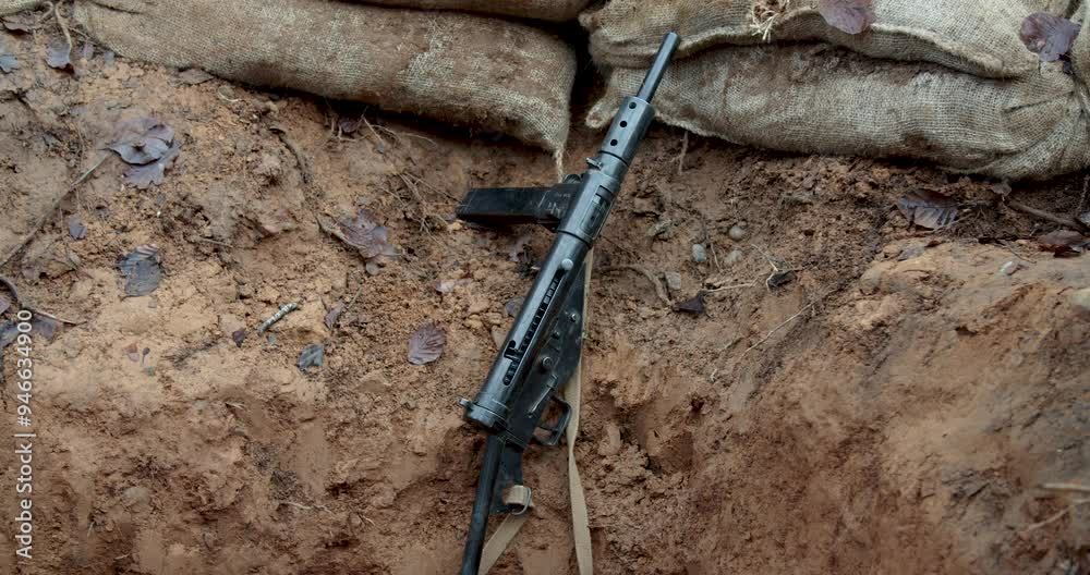 World War 2 British Sten Gun in a trench, Static Shot World War 2 British Sten Gun in a trench, Static Shot