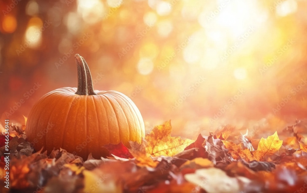 Orange pumpkin resting on a bed of vibrant autumn leaves with a softly blurred background. Orange pumpkin resting on a bed of vibrant autumn leaves with a softly blurred background.