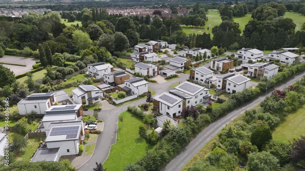 Aerial fly up view of modern luxury new-build homes with solar roofs, surrounded by green landscapes in the United Kingdom Aerial fly up view of modern luxury new-build homes with solar roofs, surrounded by green landscapes in the United Kingdom