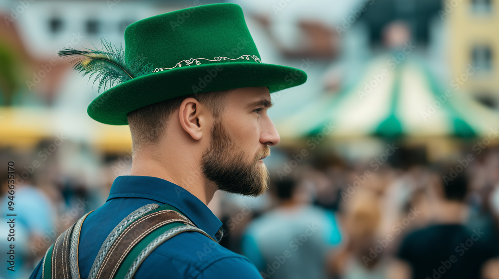 Close-up of a Bavarian man’s outfit with traditional green felt hat feather rustic leather lederhosen with ornate stitching Oktoberfest beer tents in the background Close-up of a Bavarian man’s outfit with traditional green felt hat feather rustic leather lederhosen with ornate stitching Oktoberfest beer tents in the background