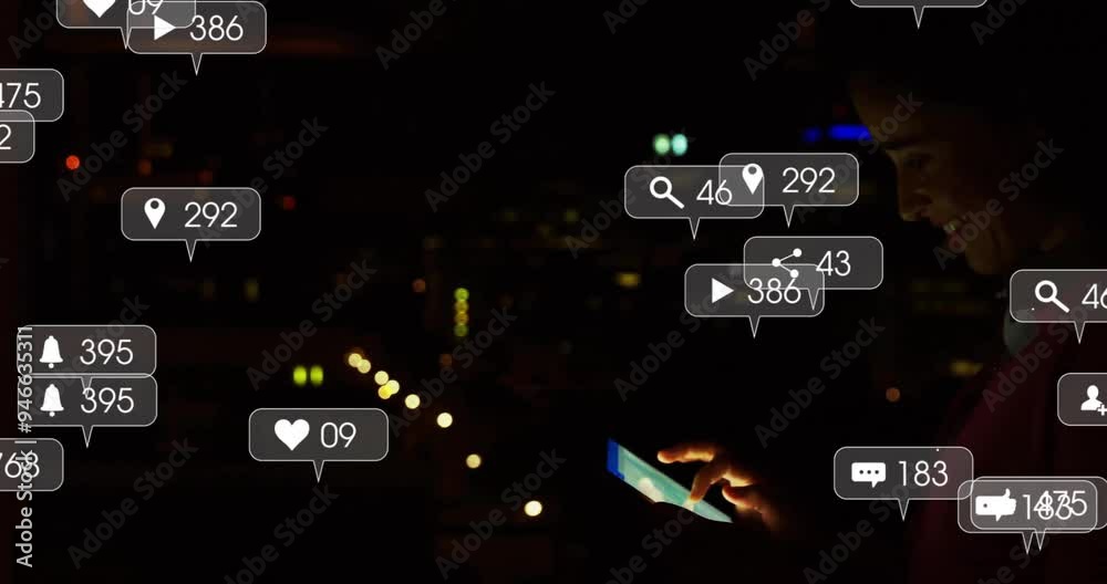 Social media notifications animation over person using smartphone in dark cityscape