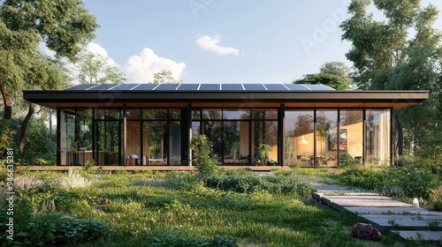 Eco-friendly home with solar panels on the roof, a green garden, and large windows, emphasizing sustainable living