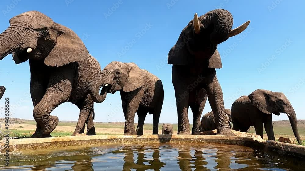 Low angle waterhole POV as family herd of elephants use trunks to drink water