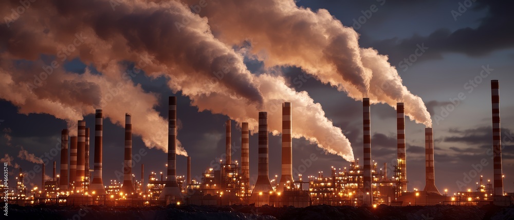 A sprawling industrial park at night, with factories illuminated by bright lights and smokestacks releasing steam A sprawling industrial park at night, with factories illuminated by bright lights and smokestacks releasing steam