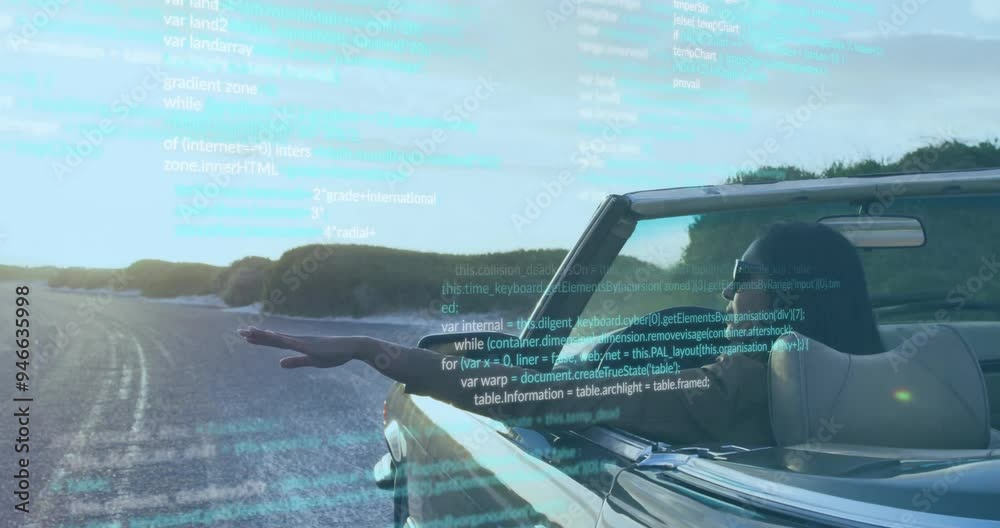 Driving convertible on scenic road, coding animation over landscape Driving convertible on scenic road, coding animation over landscape