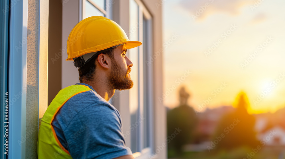 Construction worker applying sealant around a newly installed PVC window clean edges precise work smooth gradient background fading from beige to white ideal for showcasing quality installation Construction worker applying sealant around a newly installed PVC window clean edges precise work smooth gradient background fading from beige to white ideal for showcasing quality installation