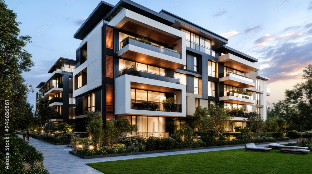 Modern apartment building with a sleek exterior, large balconies, and a communal garden area, ideal for urban living Modern apartment building with a sleek exterior, large balconies, and a communal garden area, ideal for urban living