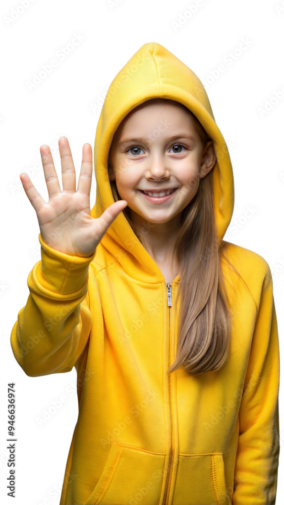Young Girl in Yellow Hoodie Holds Up Five Fingers With a Smile