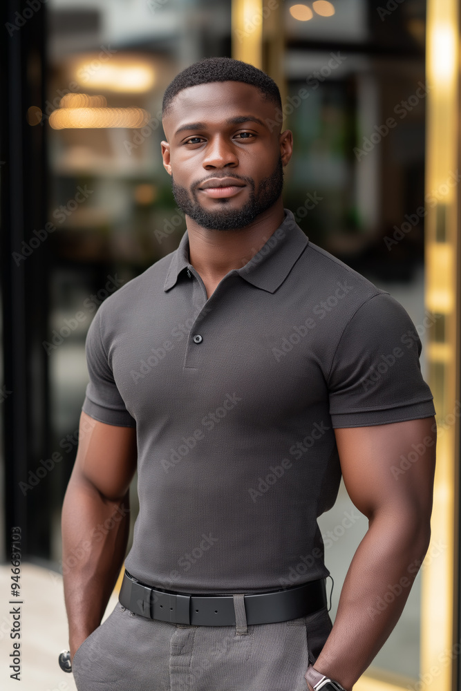 Detailed image of a stylish shop assistant in a sleek polo shirt with logo and fitted pants standing confidently at a store entrance welcoming customers bright lighting Detailed image of a stylish shop assistant in a sleek polo shirt with logo and fitted pants standing confidently at a store entrance welcoming customers bright lighting