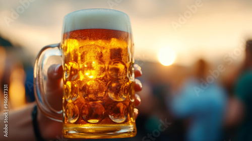 Detailed shot of a dirndl-clad woman holding a large stein of beer golden liquid sparkling against the sunlight as people celebrate in the blurred background 