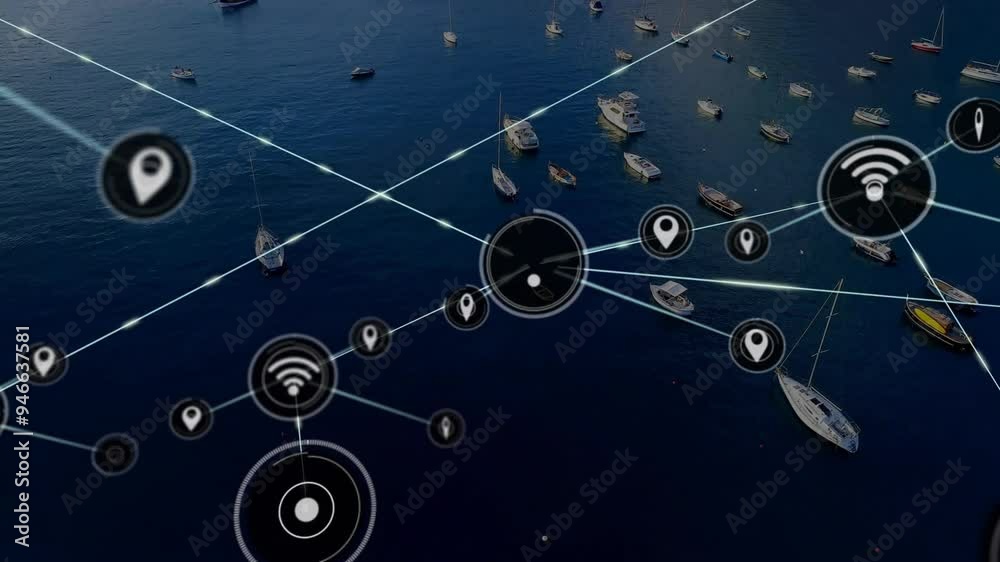Network connectivity and location icons animation over boats in harbor