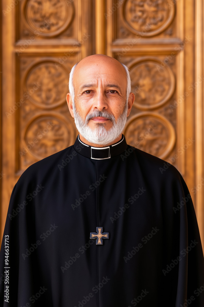 Naklejka premium Elderly priest in a simple cassock with a peaceful expression standing in front of an ancient church door evoking a sense of history and tradition 