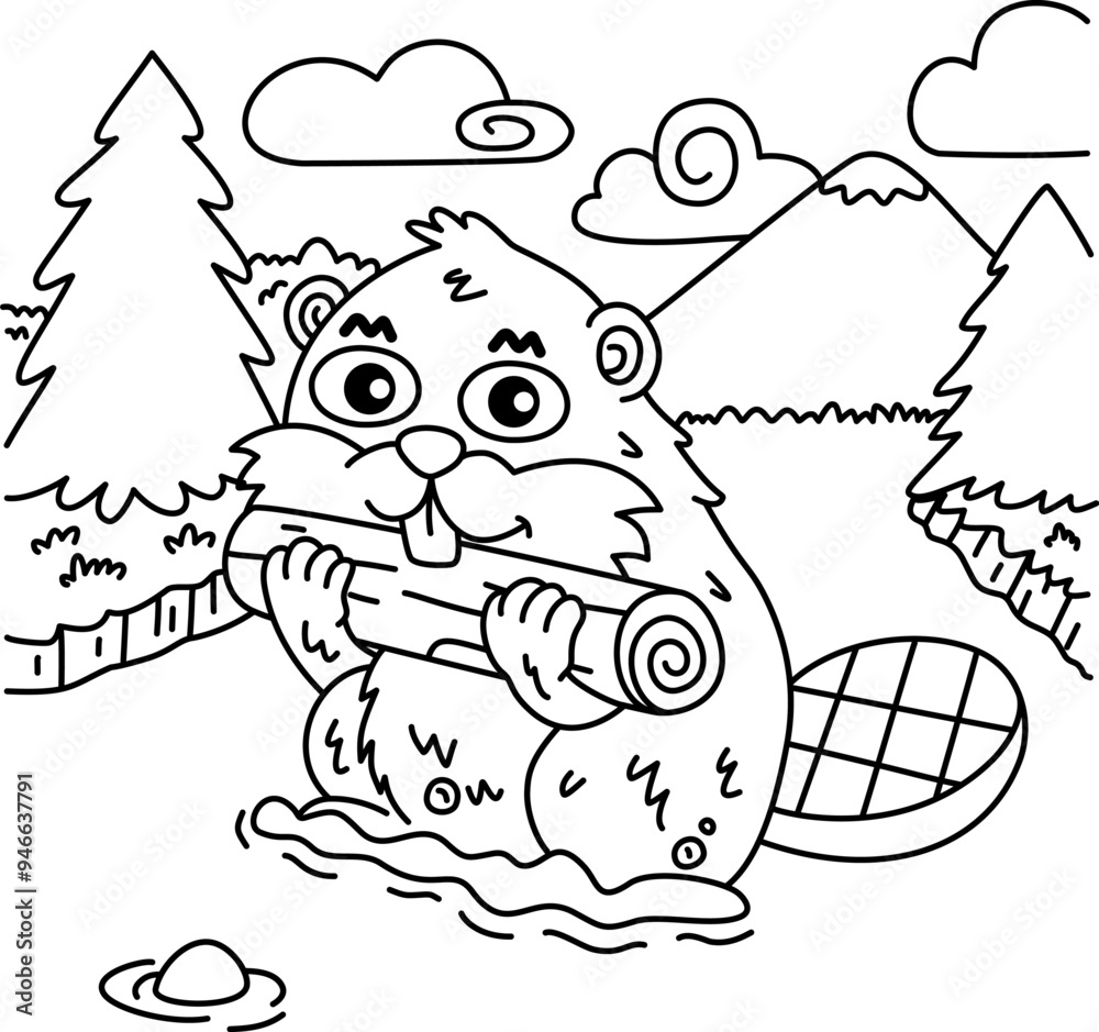 Drawing outline of an adorable beaver while eating wood in a river.eps Drawing outline of an adorable beaver while eating wood in a river.eps