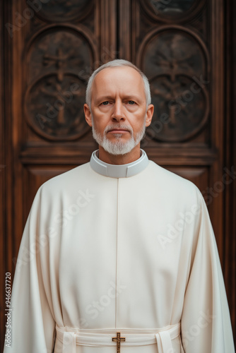 Elderly priest in a simple cassock with a peaceful expression standing in front of an ancient church door evoking a sense of history and tradition  photo