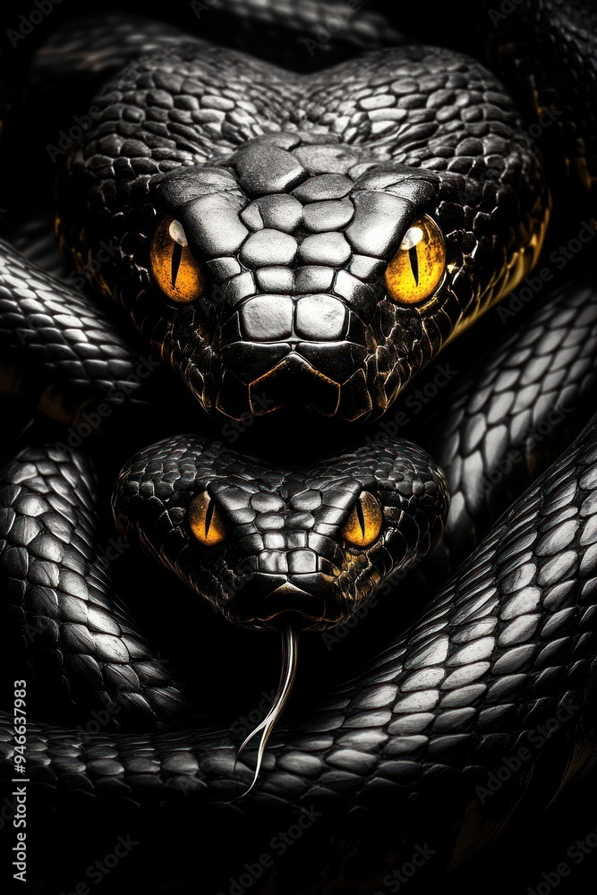 Fototapeta premium Pair of black snakes coiled with sharp focus and bright eyes