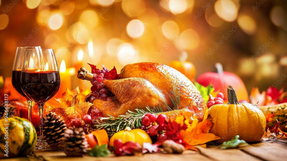 A beautifully roasted turkey served on a festive table surrounded by autumn leaves, pumpkins, and warm candlelight, perfect for a cozy Thanksgiving dinner A beautifully roasted turkey served on a festive table surrounded by autumn leaves, pumpkins, and warm candlelight, perfect for a cozy Thanksgiving dinner