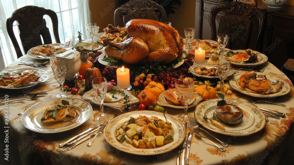 Naklejka premium A perfectly roasted turkey centerpiece on a festive table, surrounded by seasonal decor like autumn leaves, pumpkins, and candles, evoking the warmth of Thanksgiving