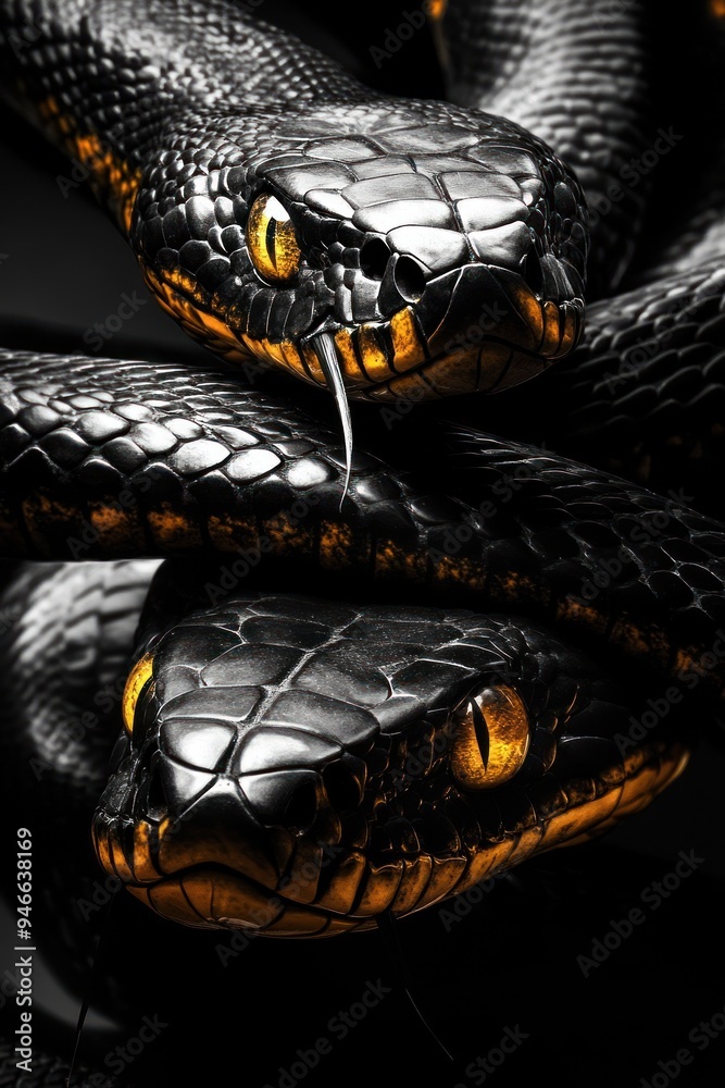 Fototapeta premium Pair of serpents with captivating golden eyes.