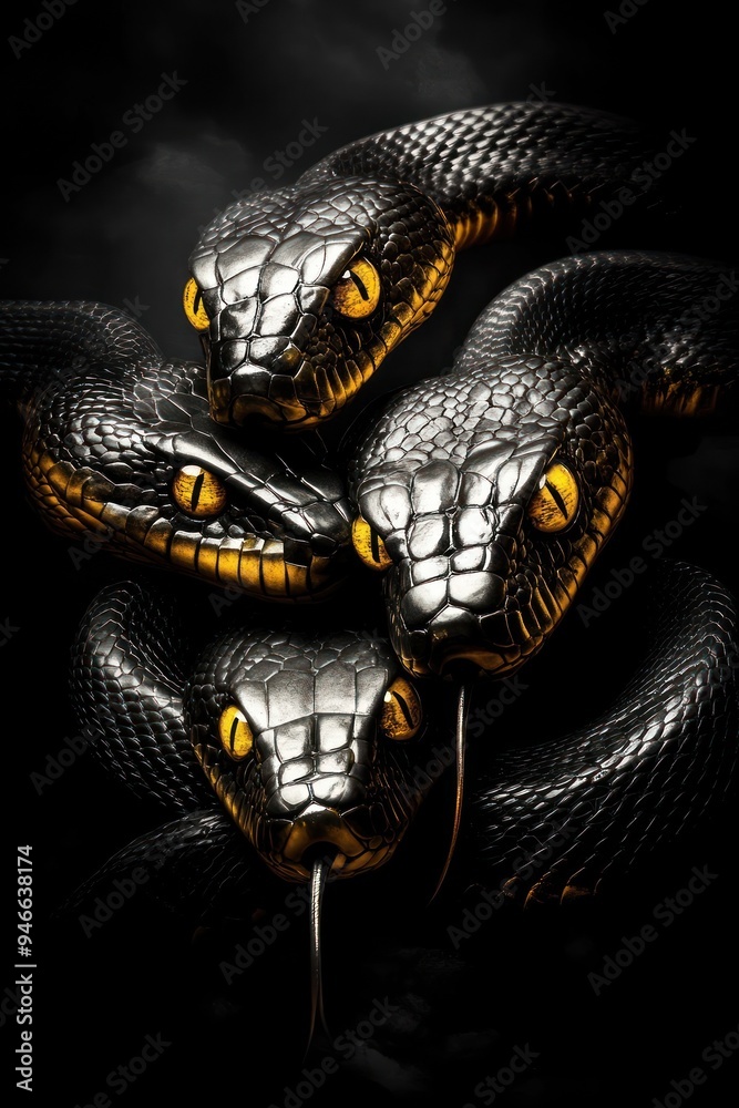 Fototapeta premium Quartet of serpents with intense golden eyes.