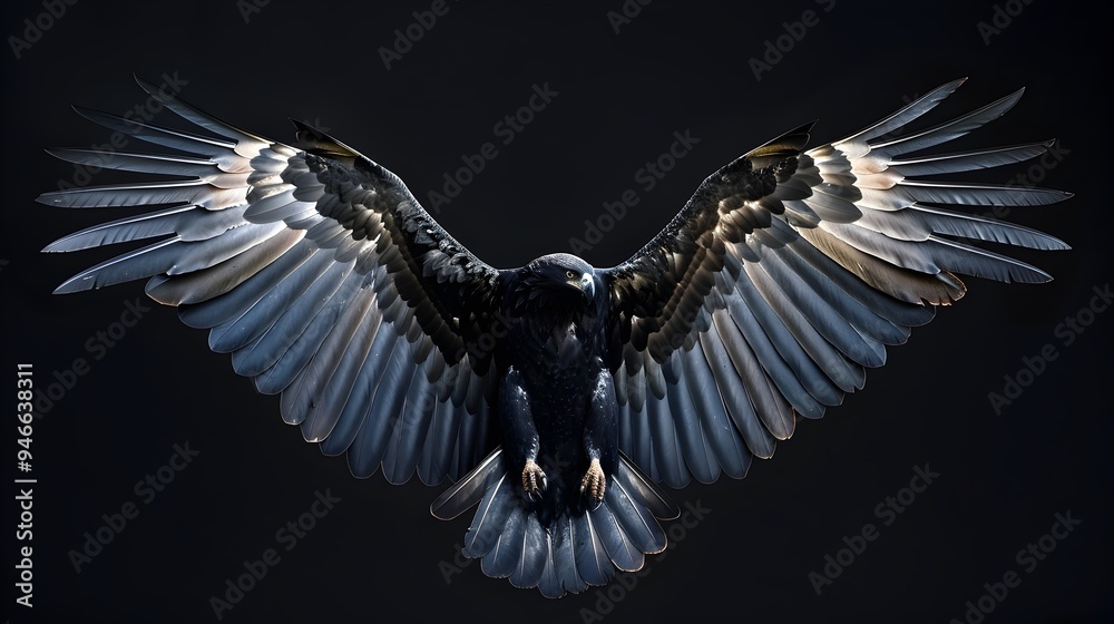 Fototapeta premium Majestic Eagle Wings Spread Wide on Black Background with Subtle Glowing Edges