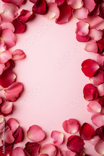 Elegant St Valentine's invitation card with delicate rose-gold calligraphy surrounded by soft pink and deep red rose petals on a pastel gradient background with ample space for text 