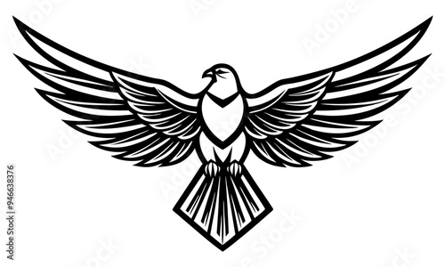 Download Front View Of Flying Eagle Logo Vector Illustration - Black Silhouette, Line Art, Outline Design On White Background Svg And Png File.