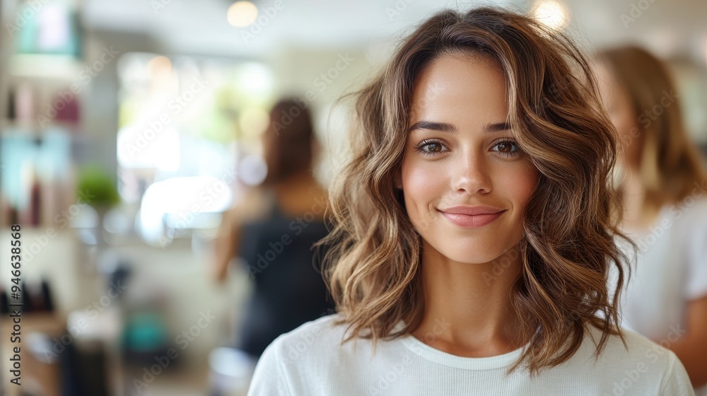 A woman smiling warmly with shoulder-length wavy hair in a casual white shirt, standing in a modern hair salon environment with blurred background elements. A woman smiling warmly with shoulder-length wavy hair in a casual white shirt, standing in a modern hair salon environment with blurred background elements.