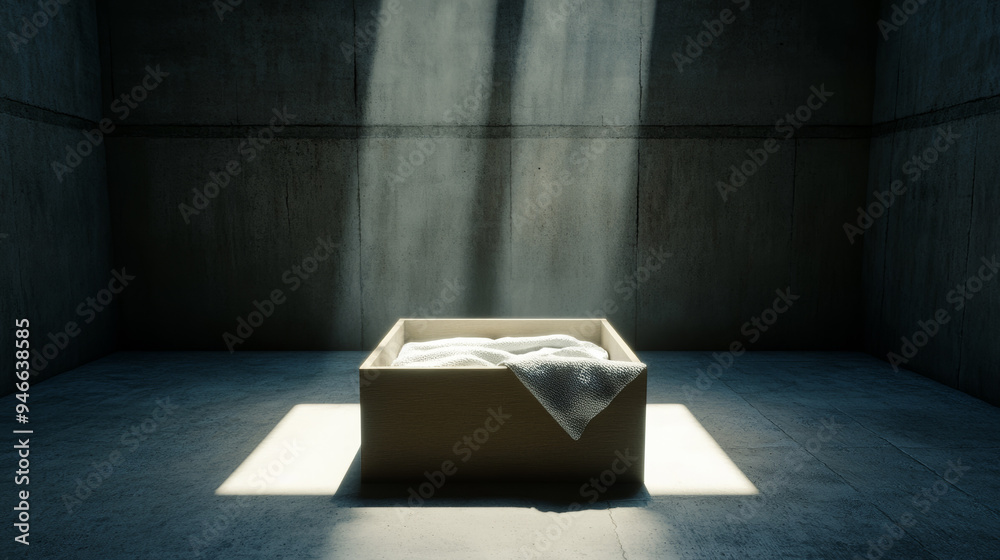 Empty baby box with a soft blanket and comforting light inside discreet location concrete surroundings cold tones 