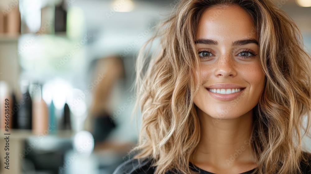 A woman with a warm smile and soft wavy hair, wearing a casual top, posing in a modern salon with beauty products on the shelves and blurred background elements. A woman with a warm smile and soft wavy hair, wearing a casual top, posing in a modern salon with beauty products on the shelves and blurred background elements.