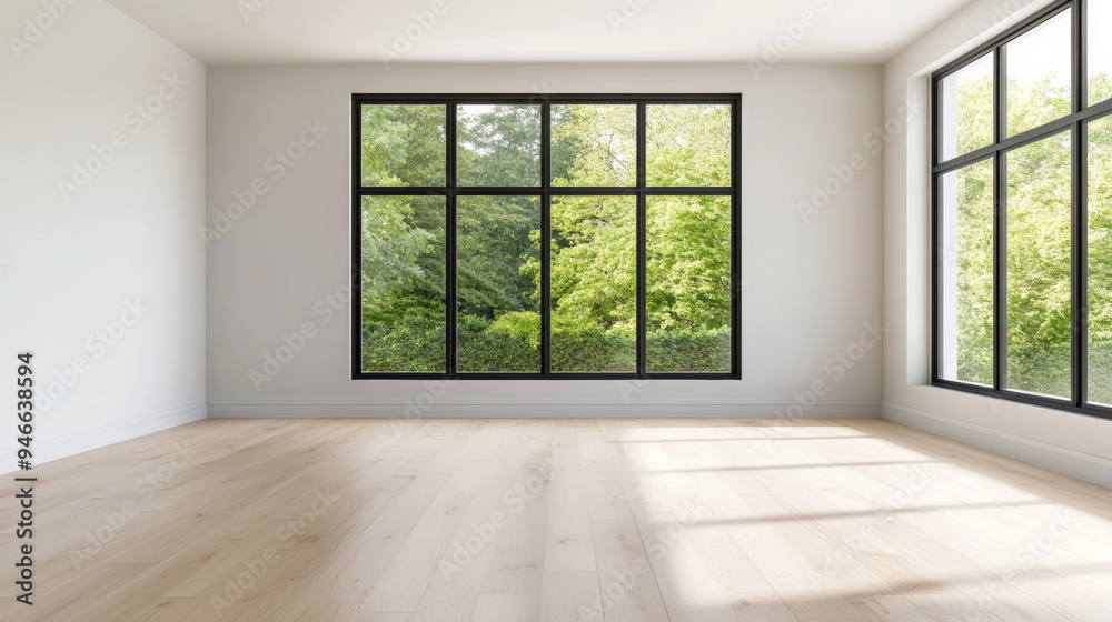 Obraz premium Empty living room in a rental house with modern furnishings light streaming through large windows space ready to be called home minimalist and fresh