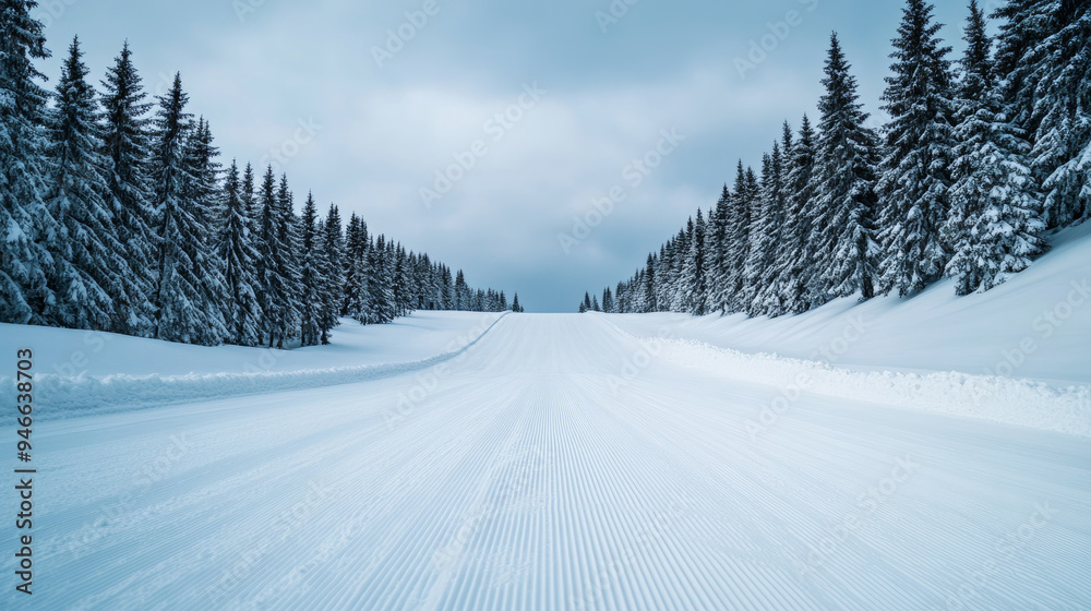 Empty ski jumping ramp stretching into the sky snow-covered trees lining the steep slope icy tracks glistening in the morning light peaceful yet imposing atmosphere Empty ski jumping ramp stretching into the sky snow-covered trees lining the steep slope icy tracks glistening in the morning light peaceful yet imposing atmosphere