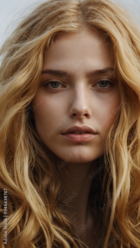 Serene young woman with flowing golden hair, showcasing a dreamlike quality as her locks cascade around her face Serene young woman with flowing golden hair, showcasing a dreamlike quality as her locks cascade around her face