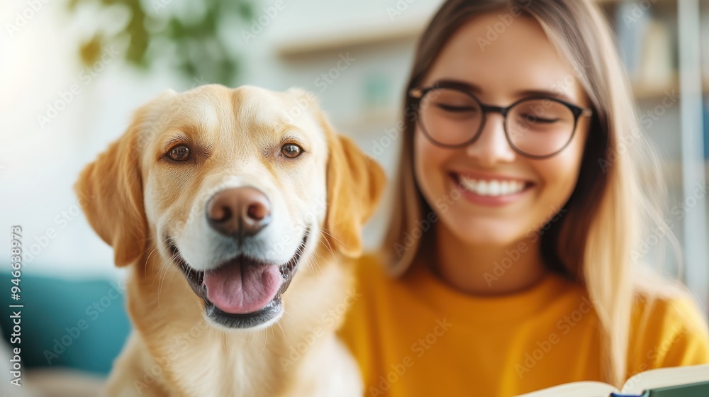 A woman wearing glasses and a yellow sweater is smiling while reading a book. Her golden retriever sits beside her, also smiling, in a home setting. A woman wearing glasses and a yellow sweater is smiling while reading a book. Her golden retriever sits beside her, also smiling, in a home setting.