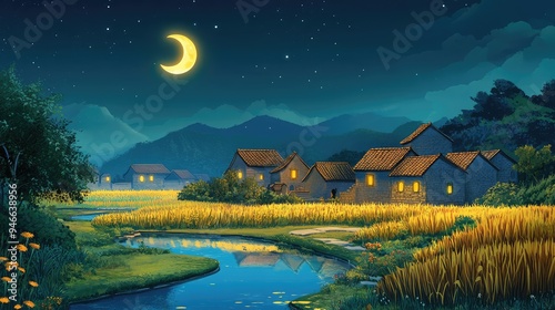 Summer night cartoon of a rural Chinese village, with a crescent moon illuminating vibrant fields and stone houses, plus moonlight reflected in a serene reservoir. photo