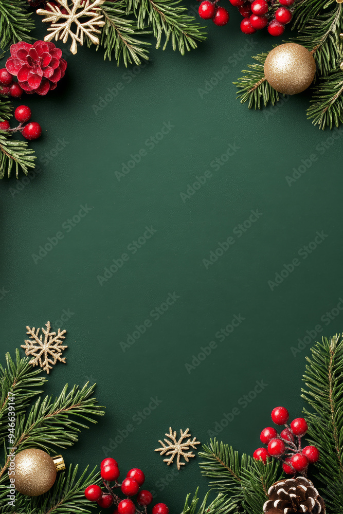 Festive red and green Christmas invitation template with elegant gold accents snowflakes border and space for event details twinkling lights on a dark backdrop 
