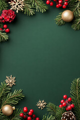 Festive red and green Christmas invitation template with elegant gold accents snowflakes border and space for event details twinkling lights on a dark backdrop 