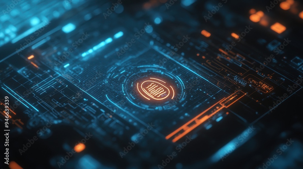 A secure login screen icon featuring vibrant blue and orange highlights on a futuristic digital backdrop, emphasizing cybersecurity A secure login screen icon featuring vibrant blue and orange highlights on a futuristic digital backdrop, emphasizing cybersecurity