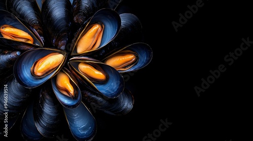   Close-up of mussels on black background, yellow center photo